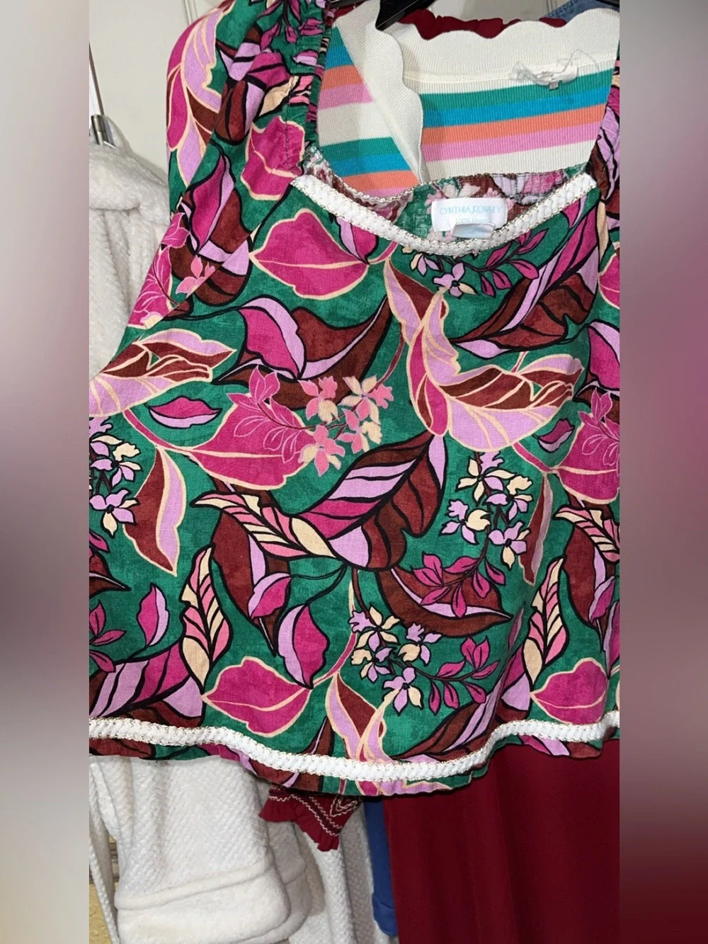 Cynthia Rowley Square Neck Floral V-Neck Blouse in Pink & Green - Picture 3 of 4